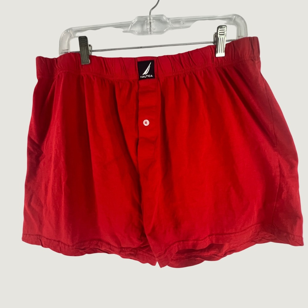 Nautica Mens XL Red Cotton Boxer Shorts Button Fly Elastic Waist Logo Patch
